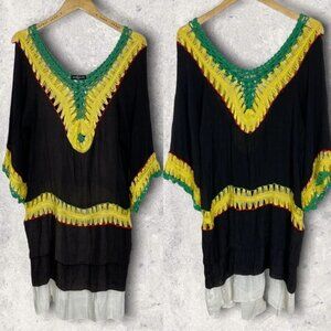 One Love Bohemian Crochet Knit Reggae Dress Black Green Yellow Red Midi Boho Med